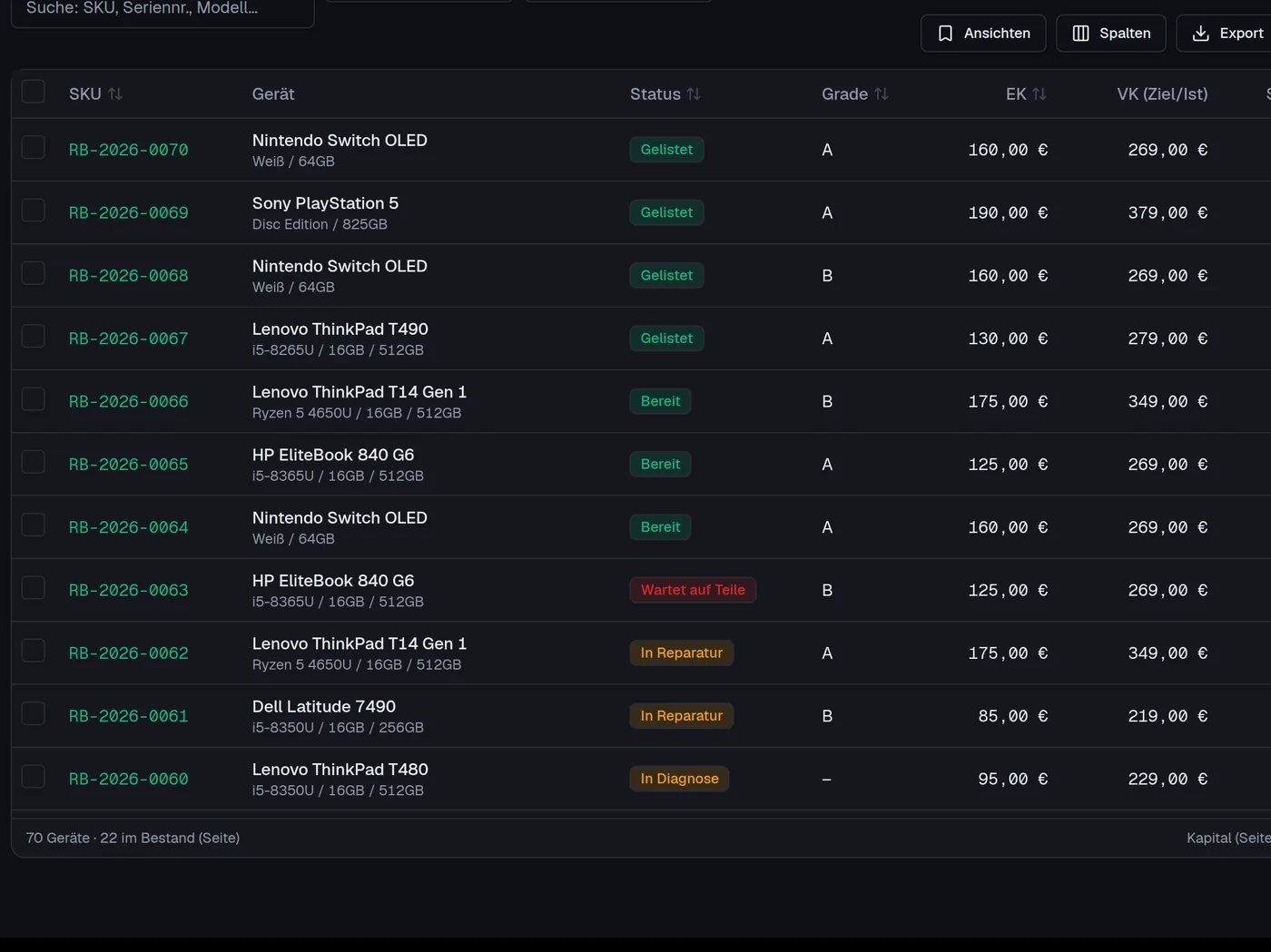 Inventar-Tabelle mit Status, Grade, EK und VK